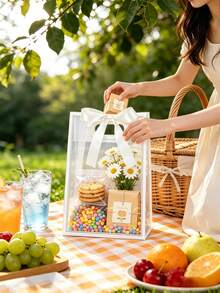 1/5/10pcs Transparent Gift Bags With White Border And Satin Bow; Reusable Transparent PVC Tote Bags; Suitable For Wedding, Birthday Gift Packaging, Baby Shower And Elegant Gift Wrapping; Also Suitable For Boutique Flower Display - Multicolor - View 1