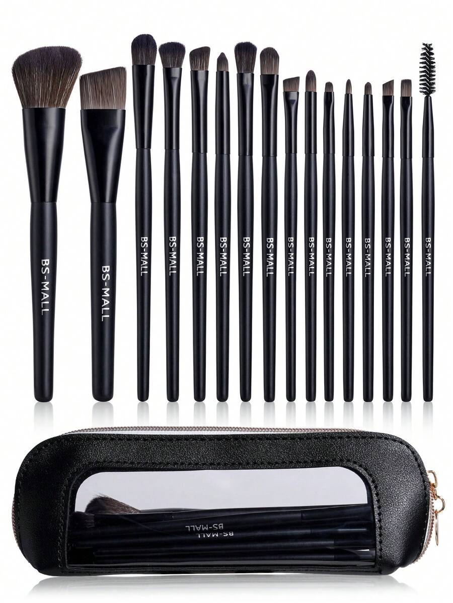 BS-MALL 16pcs Classic Black Makeup Brush Set + 1pc Black Sponge Tip Professional Eyeliner Waterproof Smudge-Proof High Quality Makeup Tool Set For Face, Eyes And Eyebrows - Black - View 1
