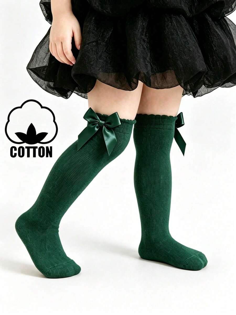 1 Pair Cotton Baby Socks With Big Bow, Girls' Dress Knee High Loose Socks For Students & Princesses - Green - View 1