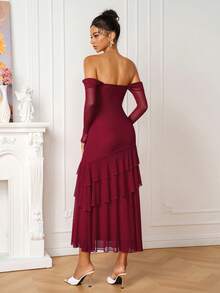 PARTHEA Elegant Burgundy Mesh Cold Shoulder Layered Ruffle Midi Dress, Long Sleeve Flowy Hem Women's - Burgundy - View 2