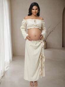 JustVH Maternity 2-Piece Set Off-Shoulder Bell Sleeve Top & Ruffle Slit Skirt, Suitable For Beach Photos And Baby Shower Party - Apricot - View 8