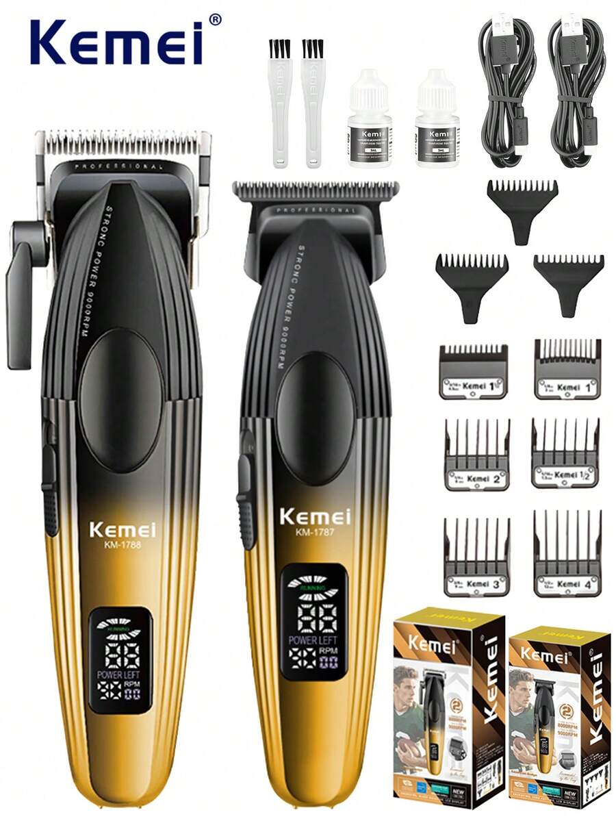 Kemei 2 Pieces Professional Haircutting Scissors Set, Cordless Men's Hair Clipper, USB Rechargeable With LED Display, Multifunctional Hair Cutting Set, 0mm Gap Engraving Trimmer, Tools Suitable For Home And Barber Shop Use