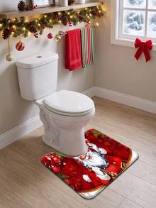 1pc/3pcs Christmas Series Santa Claus Pattern Bathroom Rug Set, Velvet Material, Kitchen Bathroom Bedroom Washable Floor Carpet Decor, Christmas Decoration, Set Includes Bath Mat, U-Shaped Contour Mat And Vanity Mat - A - View 6