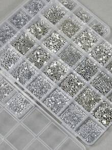 24-Grid Mini White Small Flat-Bottom Mixed Asymmetrical Nail Art Rhinestones - White - View 8