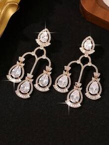 1pair Elegant Tassel Vintage Water Drop Design Cubic Zirconia Pendant Earrings For Daily Wear,Date,Wedding,Party,Anniversary Gift - Yellow Gold - View 6