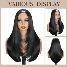 U Part Long Straight Layered Synthetic Wig For Women, Heat-Resistant Fiber, No Lace, Clip-In Half Wig - Black - View 2