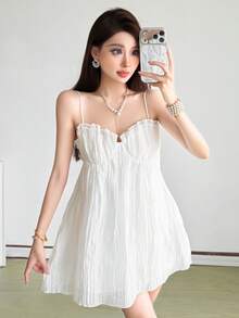 Top Dazzle Sleeveless Halter Backless Short A-Line Dress For Women, Elegant Woven Fabric Mini Dress With Sparkle For Formal Events - White - View 1
