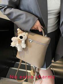 Handbag With Lychee Texture And Silver Metal Hardware Decoration, Dual-Use Hand-Carry And Crossbody, Zipper Closure, Minimalist Commuter Style, Box Handbag, Suitable For Urban Women's Work Commute And Short Trips, Square Structured Shape, Can Store Cosmetics, Phone And Other Personal Items. - Khaki - View 5