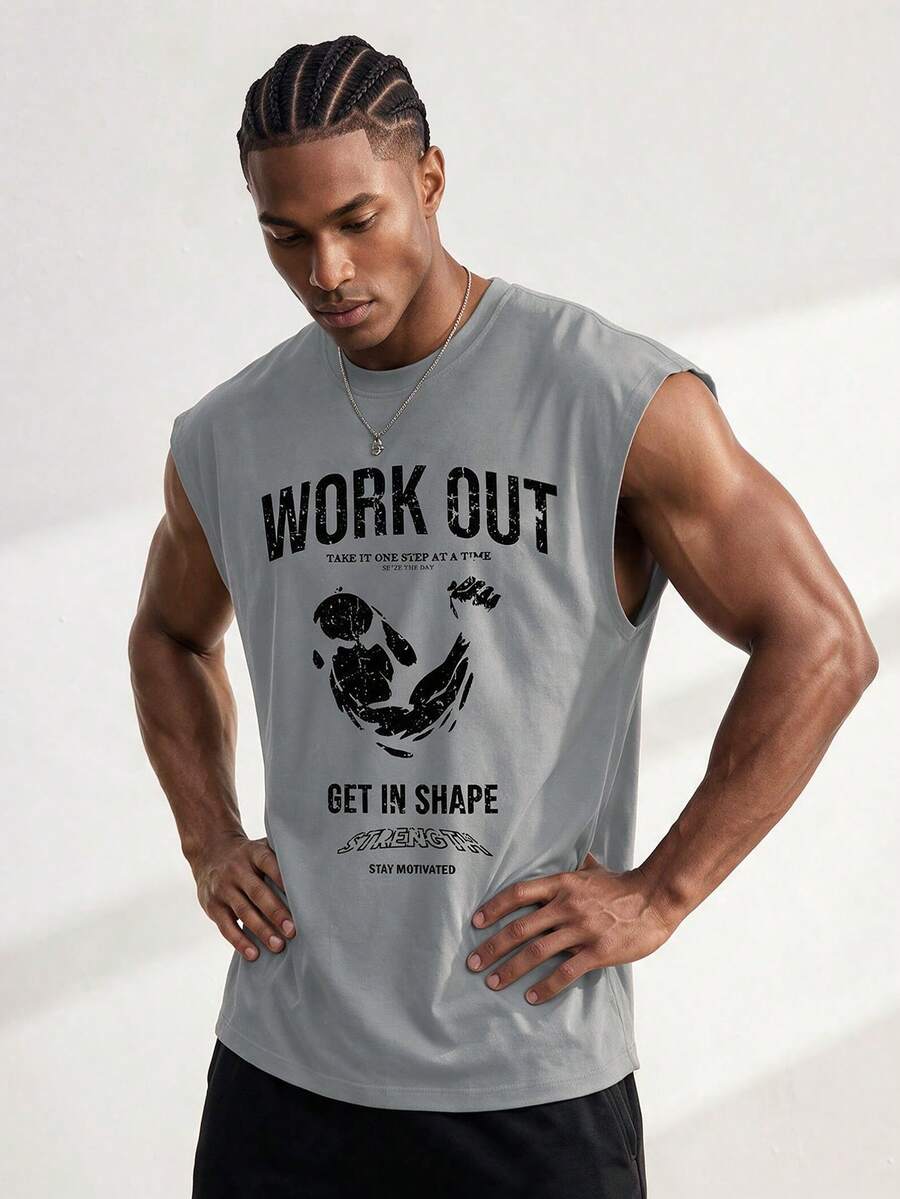 Driftmere Men's Sleeveless Workout Tee,Light Grey Letter Pattern Summer Gym Athleisure Active Sports Tank Top Lightweight Working Out Shirts