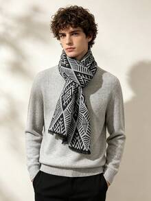 1pc Faux Cashmere Premium Diamond Geometric Jacquard Warm Scarf, Men's New Autumn/Winter Fashion Versatile Style Suitable For Matching And Decoration - Dark Grey - View 1