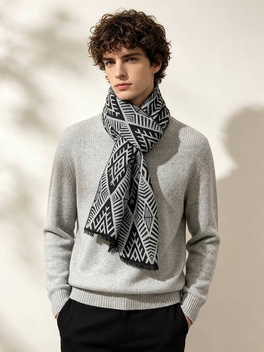 1pc Faux Cashmere Premium Diamond Geometric Jacquard Warm Scarf, Men's New Autumn/Winter Fashion Versatile Style Suitable For Matching And Decoration - Dark Grey - View 1