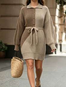 Plus Size Casual Fashion Colorblock Patchwork Button Belt Lapel Long Sleeve Knit Dress - Khaki - View 2