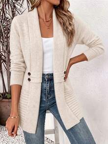 Autumn And Winter Women's Plus-Size Casual Double-Breasted Shawl-Collar Cardigan, Elegant Solid-Color Soft Knit Sweater Jacket For Women. - Apricot - View 11