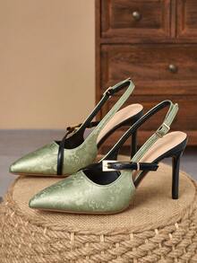 Chinese Style Retro Jacquard High Heel Shoes For Women, Green Satin Pointed Toe Slingback Stiletto Strap Evening Dress Sandals - Green - View 2