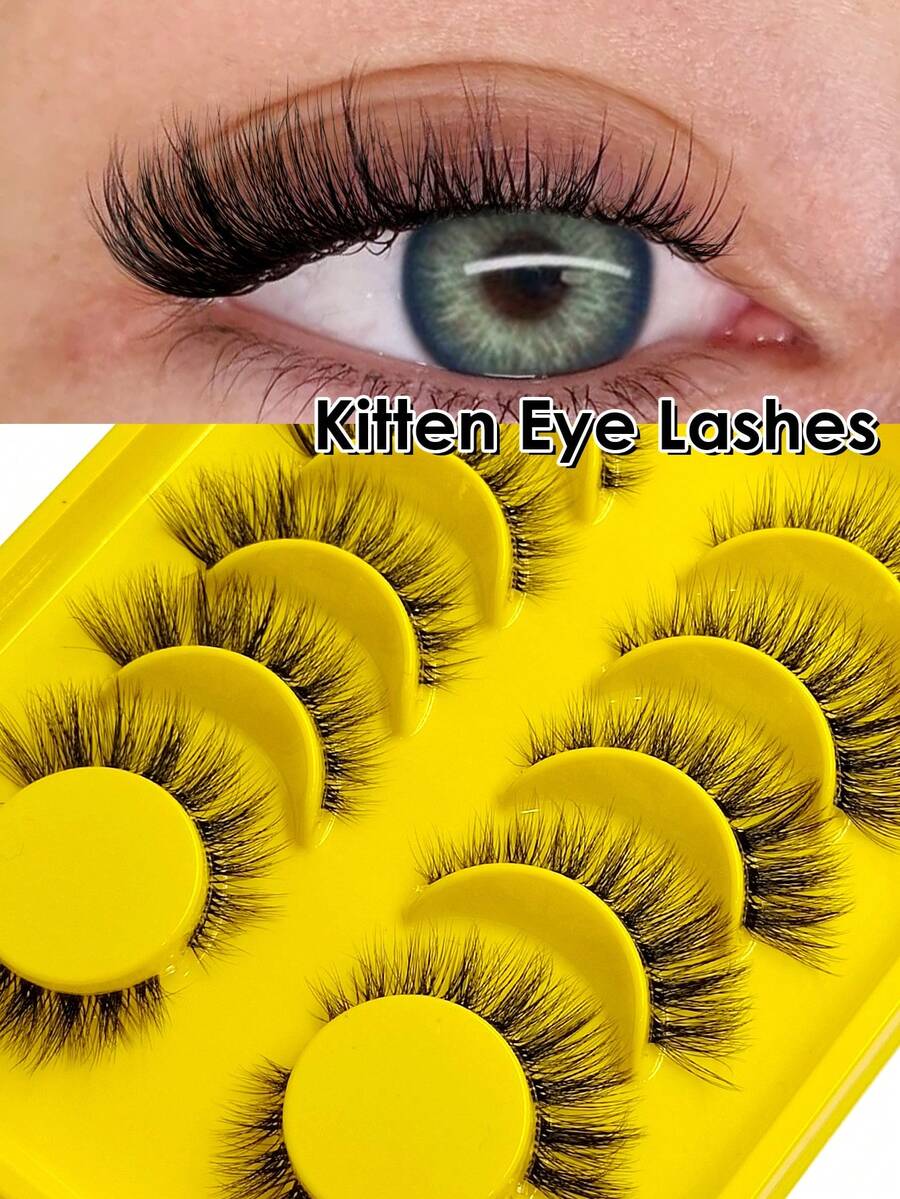 Sibeuna 6 Pairs Cat Eye False Eyelashes, Soft Transparent Stem, Extended Tail, Natural Style, Suitable For Autumn/Daily Wear, Beginner Friendly - Black - View 1