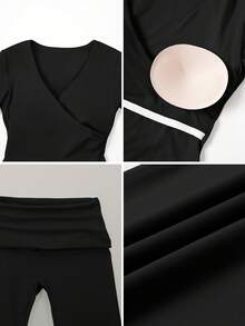 TimeOff Women's One Set Solid Color Cross V-Neck Long Sleeve V-Fold High Waist Mid-Length Pants Set - Black - View 5