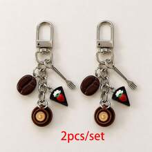 1pc/2pcs Unisex Resin Simulated Coffee Cup Strawberry Cake Coffee Bean Pendant Alloy Fork Accessory Keychain Autumn/Winter Beverage Bag Charm Cute Wallet Accessory - Multicolor - View 3