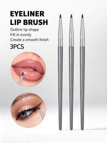 3Pcs Precision Eyeliner & Lip Makeup Brush Set,Multi-Purpose Cosmetic Brushes For Lip Liner, Lipstick Outline And Eyeliner, Precise Detail Application For Daily Makeup - Silver - View 3