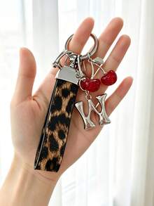 26 Alphabet Letter Keychain Pendant Creative Leopard Print PU Rope Key Strap, Cherry Charm, Car Keychain Pendant, Bag Charm Accessory, Key Decoration Accessory, 26 Letters To Choose From, Meaningful Gift For Family And Friends On Holidays - Brown - View 11