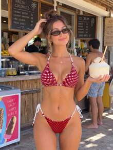 HOTTIE HABIT Women's Red Polka Dot, Halter Triangle, 2 Pieces Bikini Set, High Cut, Beaded Detail, Summer Beach Vacation - Multicolor - View 4