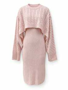 JustMiss Women's 2pcs Sweater Set, Round Neck Long Sleeve Knit Loose Korean Style Soft Cable Texture Cover Up And Cami Dress, Autumn/Winter - Pink - View 9