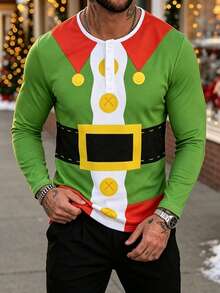 Men's Autumn/Winter Christmas Party Outfit Christmas Green Elf Print Button Collar Long Sleeve T-Shirt - Multicolor - View 5