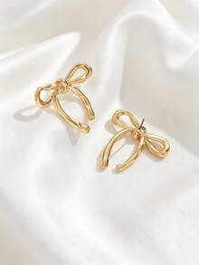 1 Pair Elegant Minimalist Textured Sweet Bow Earrings Suitable For Wedding, Festival, Party, Casual Wear - Gold - View 3