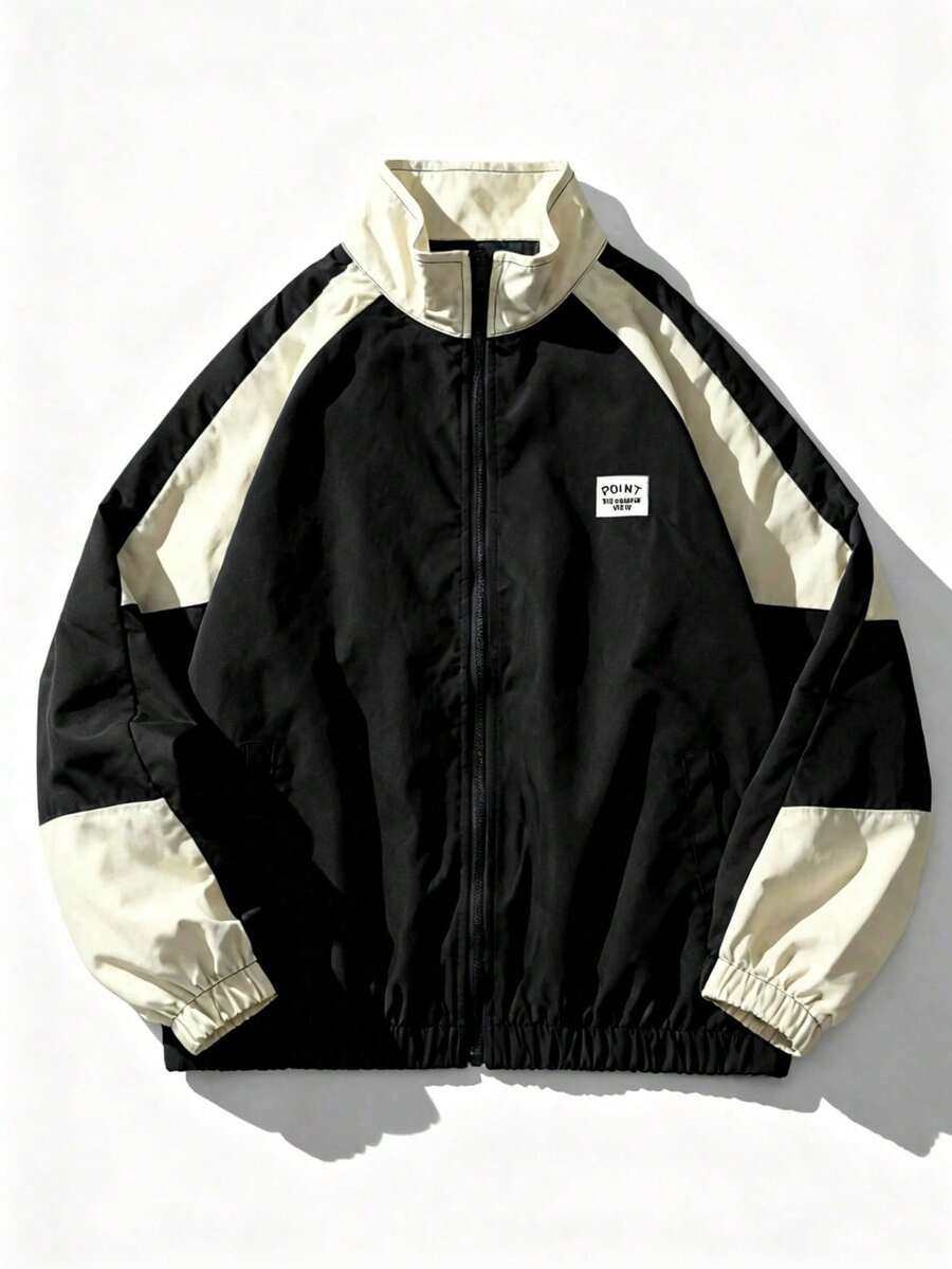Chaqueta de estilo retro y urbano con bloque de color en el cuello, prenda exterior casual de estilo universitario, chaqueta bomber minimalista y esencial para hombres - A - Ver 1