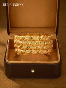 1/2/3pcs Fashion Classic Diagonal Mesh Grid Sparkle 18K Gold Bracelet, 60mm Diameter Open Cuff Bracelet, Brings Good Luck And Health, Suitable For Women's Daily Wear, Gift Box Not Included - Yellow Gold - View 4