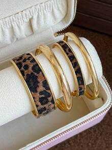 4pcs French Fashion Leopard Print Metal Bracelets Suitable For Women's Daily Casual And Party Wear (Gift Box Not Included) - Yellow Gold - View 7