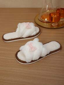 Women's Small Bow Open Toe Plush Slippers, Warm Fuzzy Indoor House Slippers For Autumn/Winter - Pink - View 3