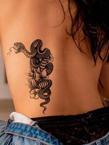 1pc Black Creative Personalized Snake & Floral Pattern DIY Party Gift Holiday Gift Music Festival Temporary Waterproof Tattoo Sticker For Arm, Waist, Abdomen, Back, Leg - Black - View 4