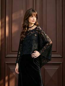 Fall Vintage Black Lace Cape Top, Loose Batwing Sleeve Sheer Hollow Out Blouse, Retro Fall Party Lace Cover Up - Black - View 8