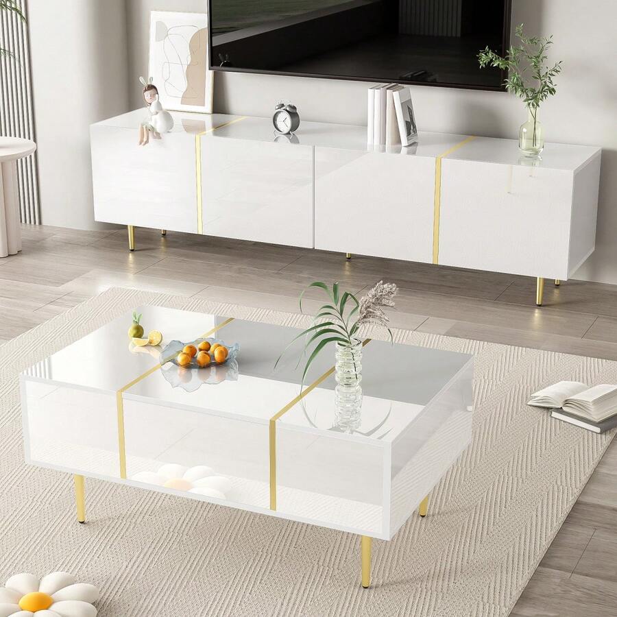 Modern High-Gloss White TV Cabinet And Coffee Table Set - White + MDF + 40-49 Inches - View 1