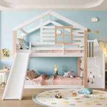 Bunk Bed With Slide And Stairs, Scandinavian Style Solid Wood Bed Frame With Safety Guard Rails, Built-In Storage, Space-Saving Design, EN 747-1:2024 Certified - White + Wood + Contemporary + Mid-century Modern + - View 4