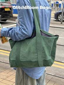 New Japanese And Korean Style Solid Color Striped Velvet Large Capacity Shoulder Bag Tote Bag Handbag Shopping - Green - View 4