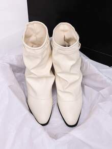 Women's Beige Pointed Toe Chunky Heel Slouchy Ankle Boots, Spring/Autumn Fashion Boots With Slimming Effect - Beige - View 2