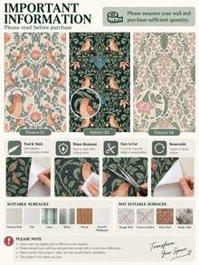 SUPSTICKER Vintage Botanical Bird Peel & Stick Wallpaper, Removable PVC Wall Decor For Bedroom, Living Room & Reading Corner - Flowers - View 11