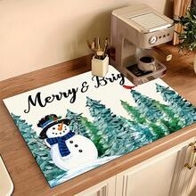1pc Christmas Snowman Pattern, Kitchen Countertop Absorbent Drying Mat, Coffee Machine Mat, Pour-Over Coffee Pot Mat, Dish Drying Mat, Non-Slip Heat-Resistant Kitchen Mat, Table Mat, Breakfast Mat, Washing Machine Mat, Home Kitchen Dining Table Coffee Shop Bar Decor Mat, Holiday Party Housewarming Gift - Multicolor - View 9