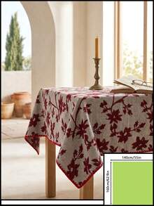 1pc Grey Background Deep Red Leaf Floral Pattern Tablecloth, Natural Vintage Style Fabric Material, Rectangular Red Polka Dot Hem Detail, Stain-Resistant Protection And Decorative Function, Suitable For Daily Home Dining Table And Natural Style Restaurant Decor - Red - View 15