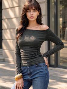 Women Fall Off Shoulder Long Sleeve Top, Side Ruched Slim Fit Casual Solid Basic Tee Blouse - Grey - View 1
