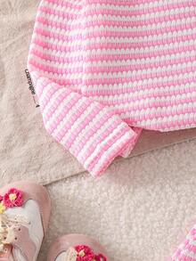 2pcs/Set Baby Girl Cute Sporty Pink & White Striped Plush Floral Long Sleeve Top & Long Pants Set, Spring/Autumn - Multicolor - View 5