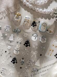 1pc Full Coverage 5D Embossed Metallic Nail Sticker, Christmas Snowman Rabbit Tree Wreath Bow Pattern, Glossy 3D Textured Nail Art Decor, Suitable For Christmas Party DIY Nail Art - Multicolor - View 8