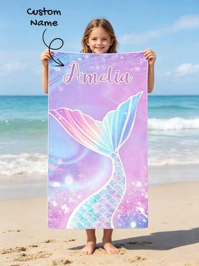 Personalized Name Mermaid Tail Beach Towel For Girls, Glitter Purple Gradient Soft Microfiber Quick Dry Kids Towel For Beach Pool Camping Travel