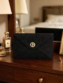 Black Envelope‑Style Suede‑Like Cosmetic Pouch Flip‑Cover Long Slim Clutch Makeup Bag With Round 3D Metal Logo Portable Storage Pouch For Glasses Jewelry Cosmetics Travel Holiday Gift Armani - Black - View 4