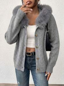 Plus Size Women's Fuzzy Collar Button-Up Knit Cardigan Sweater Jacket, Loose Fit Flattering Casual Everyday Versatile Top - Grey - View 5