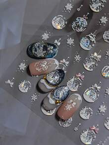 Winter Christmas 5D Embossed Nail Stickers, Holographic Snowball Decor Snowflake Bow Pattern Self-Adhesive Nail Art Decals, Christmas Nail Art - Multicolor - View 3