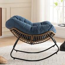 Oversized Egg Rocking Chair, Wicker Rattan Patio Lounge Chair With Thick Cushion, Egg-Shaped Rocker For Balcony, Porch, Garden & Bedroom - Blue - View 4