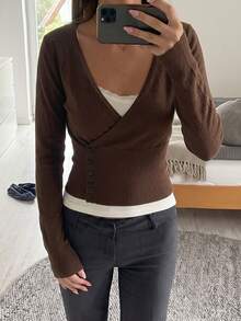 Women's Y2K Dark Brown Wrap V-Neck Criss-Cross Front Long Sleeve Side Button Ribbed Slim Fit Knit Top, Back To School Outfit, Autumn/Winter - Coffee - View 3
