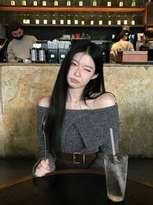 French Lazy Style Off Shoulder Collar Sweater Women Autumn Winter Belt Waist Loose Knit Top - Grey - View 4